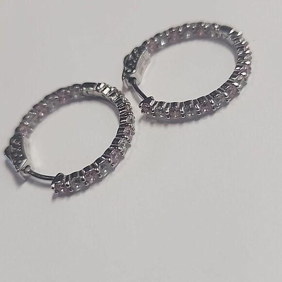 Sterling Silver Clear And Pink Crystal Hoop Earrings 925 - Picture 3 of 4